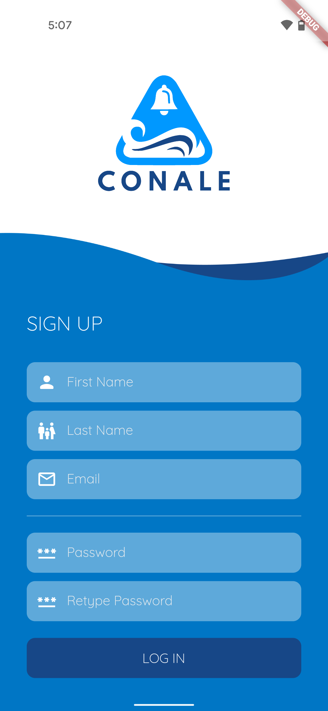 Conale app sign-up screen.