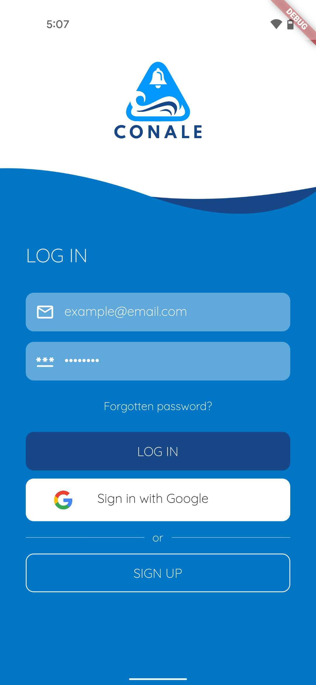 Conale app login screen.