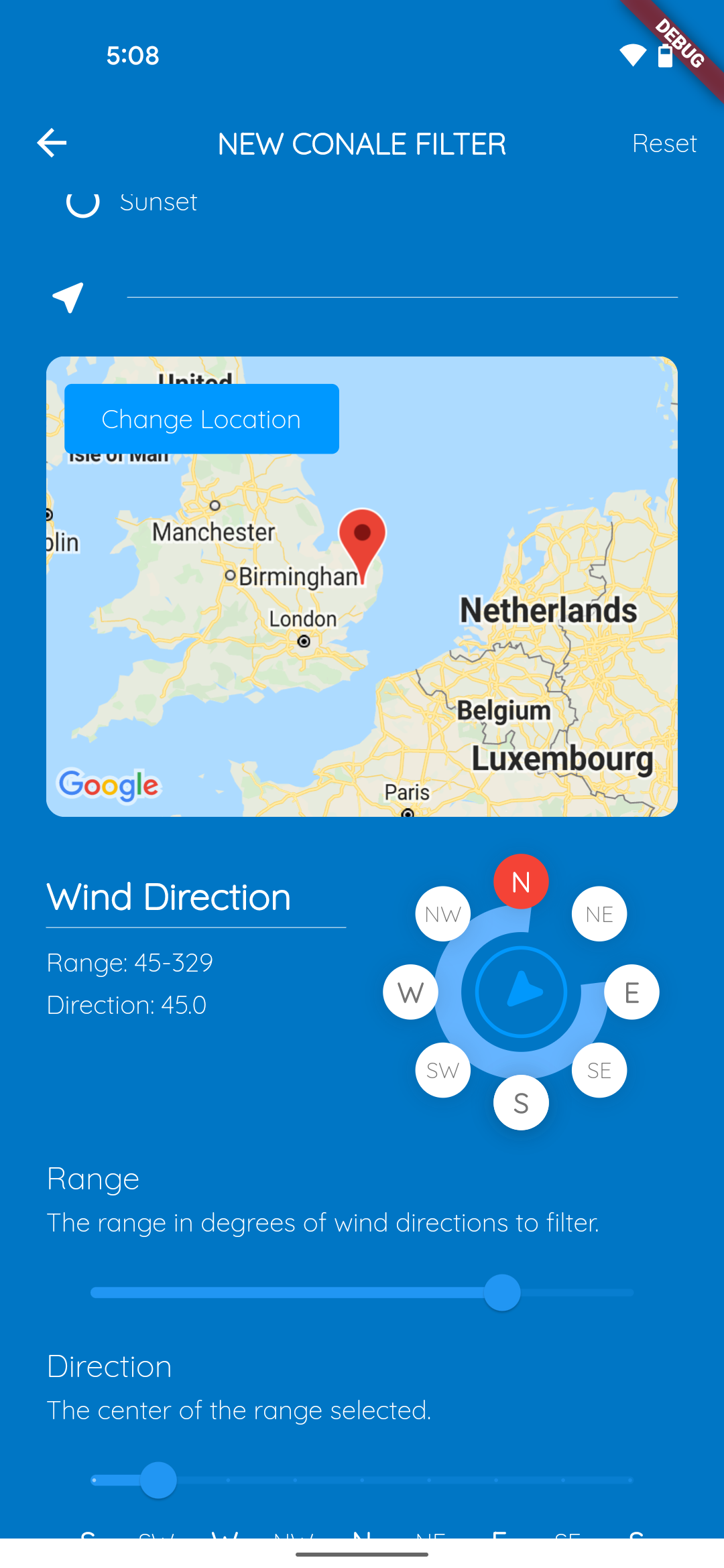 Add filter page with location and wind direction input.