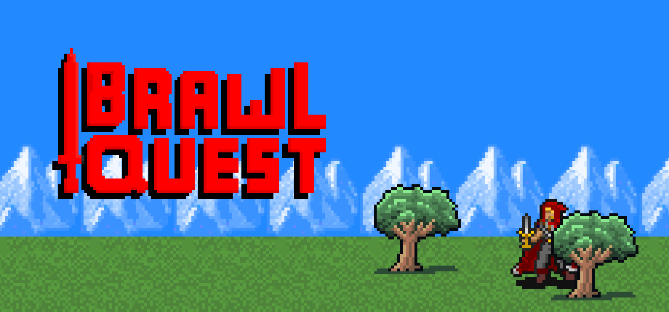 Brawl Quest pixel art banner with title, mountains, and warrior character.